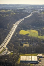 Aerial view, car park Funckenhausen motorway A1 truck rest area, traffic jam with truck queue,