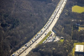Aerial view, car park Funckenhausen motorway A1 truck rest area, traffic jam with truck queue,