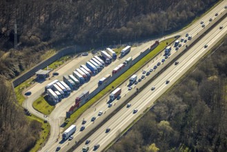 Aerial view, Funckenhausen car park, A1 motorway lorry service area, traffic jam, Vorhalle, Hagen,