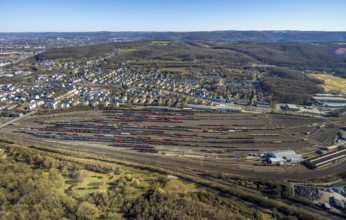 Aerial view, Vorhalle marshalling yard and railway tracks, Vorhalle residential area, Vorhalle,