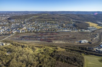 Aerial view, Vorhalle marshalling yard and railway tracks, Vorhalle residential area, Vorhalle,