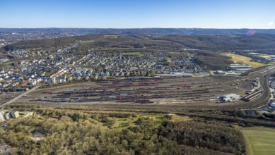 Aerial view, Vorhalle marshalling yard and railway tracks, Vorhalle residential area, Vorhalle,