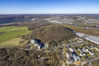 Aerial view, forest area Kaisberg and Freiherr-vom-Stein-Turm, skyscrapers at the edge of the