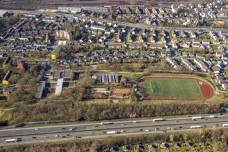Aerial view, residential area, district of Vorhalle with sports facility Vorhalle football stadium,