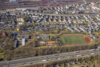 Aerial view, residential area, district of Vorhalle with sports facility Vorhalle football stadium,