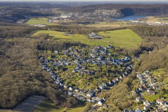 Aerial view, residential area local view district Geweke in heart shape Hagen, behind town Wetter