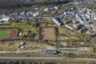 Aerial view, Haspe district sports centre, Haspe sports club, Haspe, Hagen, Ruhr area, North