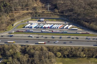 Aerial view, car park Funckenhausen motorway A1 truck rest area, Vorhalle, Hagen, Ruhr area, North