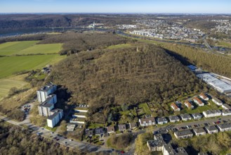 Aerial view, forest area Kaisberg and Freiherr-vom-Stein-Turm, skyscrapers at the edge of the