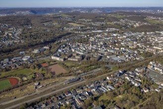 Aerial view, district sports centre Haspe, Haspe sports club, view of Haspe, Haspe, Hagen, Ruhr