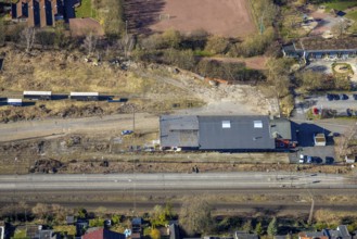 Aerial photo, AREA52 GmbH Hagen on the railway line around the Haspe district sports facility,