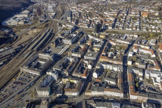Aerial view, Hagen main station with station forecourt, city and city centre view, Wehringhausen,