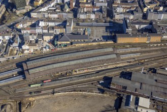 Aerial view, Hagen main railway station with station forecourt and platforms, Wehringhausen, Hagen,