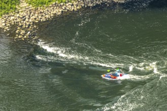 Aerial view, kayaker on the river Ruhr and rapids, Hattingen, Ruhr area, North Rhine-Westphalia,