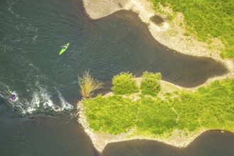 Aerial view, kayaker on the river Ruhr and rapids, Hattingen, Ruhr area, North Rhine-Westphalia,