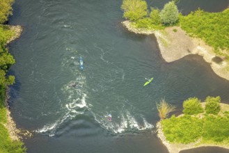 Aerial view, kayaker on the river Ruhr and rapids, Hattingen, Ruhr area, North Rhine-Westphalia,