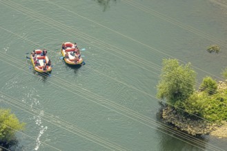 Aerial view, dinghy and rowers on the river Ruhr with groynes, Ruhr-Piraten.com, Hattingen, Ruhr