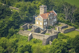 Aerial view, Isenburg (Isenberg Castle), castle ruins on the Isenberg, Hattingen, Ruhr area, North