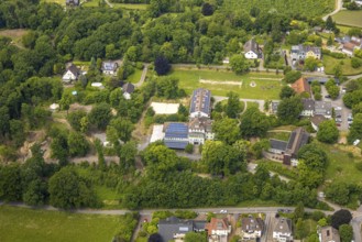 Aerial view, Beluga (sturgeon), roof with solar panels, Hattingen, Ruhr area, North