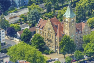 Aerial view, town hall city of Hattingen with town hall tower, Hattingen, Ruhr area, North