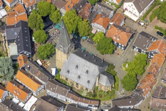 Aerial view, historical old town centre with St.-Georg-Kirche and town festival on the church