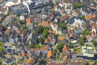 Aerial view, historic old town centre with St.-Georg-Kirche and city festival on the church square,