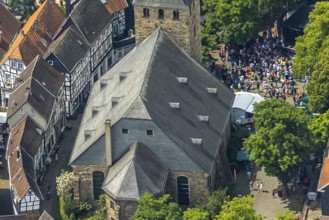 Aerial view, historical old town centre with St.-Georg-Kirche and town festival on the church