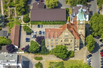 Aerial view, town hall city of Hattingen with town hall tower, Hattingen, Ruhr area, North
