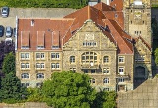 Aerial view, town hall city of Hattingen with town hall tower, Hattingen, Ruhr area, North