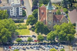 Aerial view, town hall city of Hattingen with town hall tower, Hattingen, Ruhr area, North