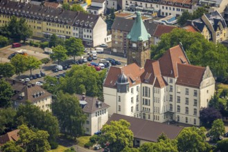 Aerial view, town hall city of Hattingen with town hall tower, Hattingen, Ruhr area, North