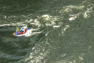 Aerial view, kayaker on the river Ruhr and rapids, Hattingen, Ruhr area, North Rhine-Westphalia,