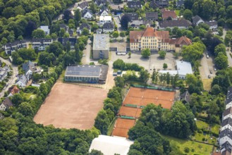 Aerial view, Gymnasium Waldstraße with schoolyard, sports hall with solar panels, T-sports field