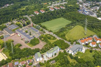 Aerial view, Gymnasium Holthausen Lindstockstraße with solar panels, open space and green area next