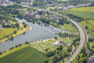 Aerial view, Ruhrbrücke Bochumer Straße, Campingplatz Ruhrbrücke, Ruhr-Wehr mit Bootsgasse und