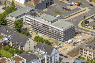 Aerial view, construction site with new building Linderfelder Karree multigenerational house with