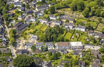 Aerial view, construction sites on Lindenstraße, residential buildings with meadows and allotments,
