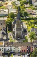 Aerial view, construction site catholic church St. Suitbertus with scaffolding on the church tower,