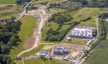 Aerial photo, construction site and new construction Innovation Park Heiligenhaus, roof with solar