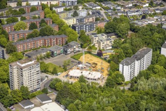 Aerial view, high-rise buildings and apartment blocks on Rhönstraße, construction site with new