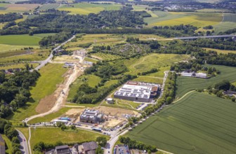 Aerial photo, construction site and new construction Innovation Park Heiligenhaus, roof with solar