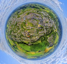 Residential area local view Heiligenhaus centre, earth globe, fisheye shot, 360 degree shot, tiny