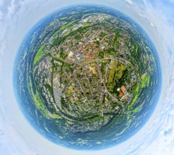 Aerial view, city centre and old town with red roofs, globe, fisheye image, fisheye image, 360