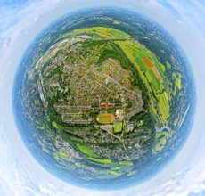 Aerial view, aerial view of Welper district on the Ruhr river with Ruhraue, earth globe, fisheye