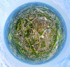 Aerial view, city centre and old town with red roofs, globe, fisheye image, fisheye image, 360