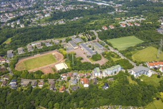 Aerial view, sports centre Holthausen and grammar school Holthausen Lindstockstraße with solar