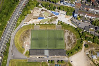 Aerial view, Glückauf Kampfbahn football stadium at Ernst-Kuzorra-Platz with construction site and