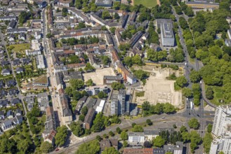 Aerial view, derelict building site of former central swimming pool, residential area with