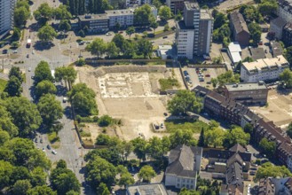 Aerial view, derelict building site of former central swimming pool, residential area with