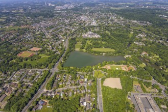 Aerial view, Berger See and neighbouring Schloss Berge with castle park, moated castle and hotel,